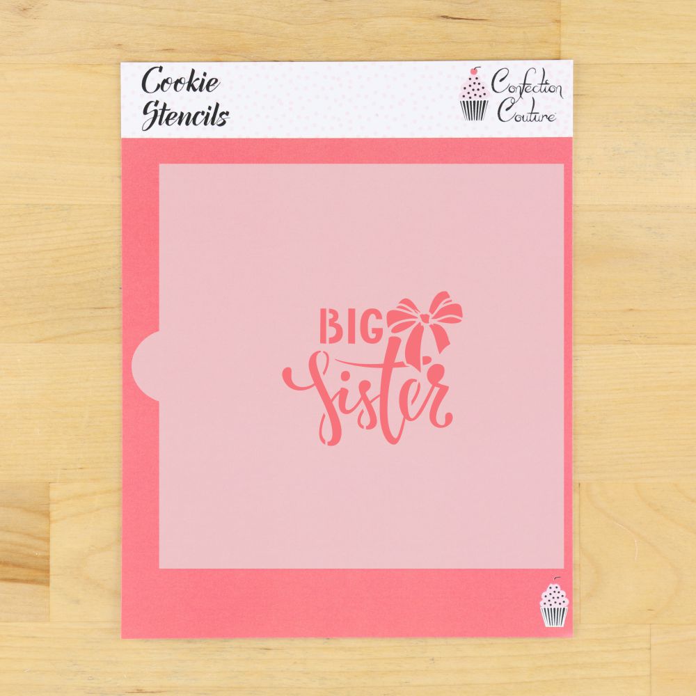 Big Sister cookie stencil featuring hand-lettered script with a decorative bow.