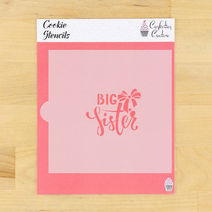 Big Sister cookie stencil featuring hand-lettered script with a decorative bow.