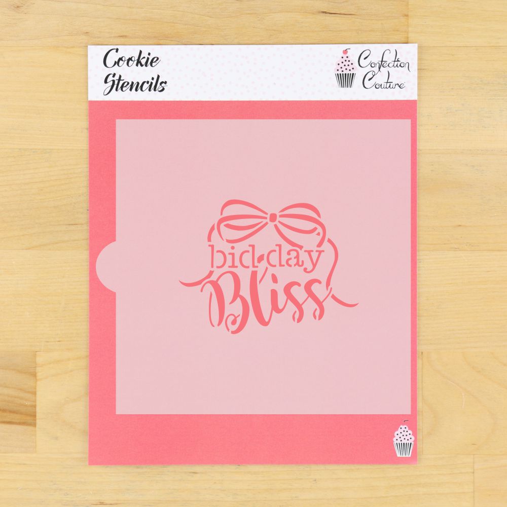 Bid Day Bliss cookie stencil featuring elegant lettering with a decorative bow.