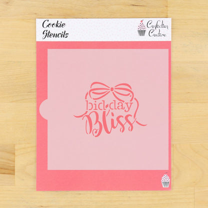 Bid Day Bliss cookie stencil featuring elegant lettering with a decorative bow.