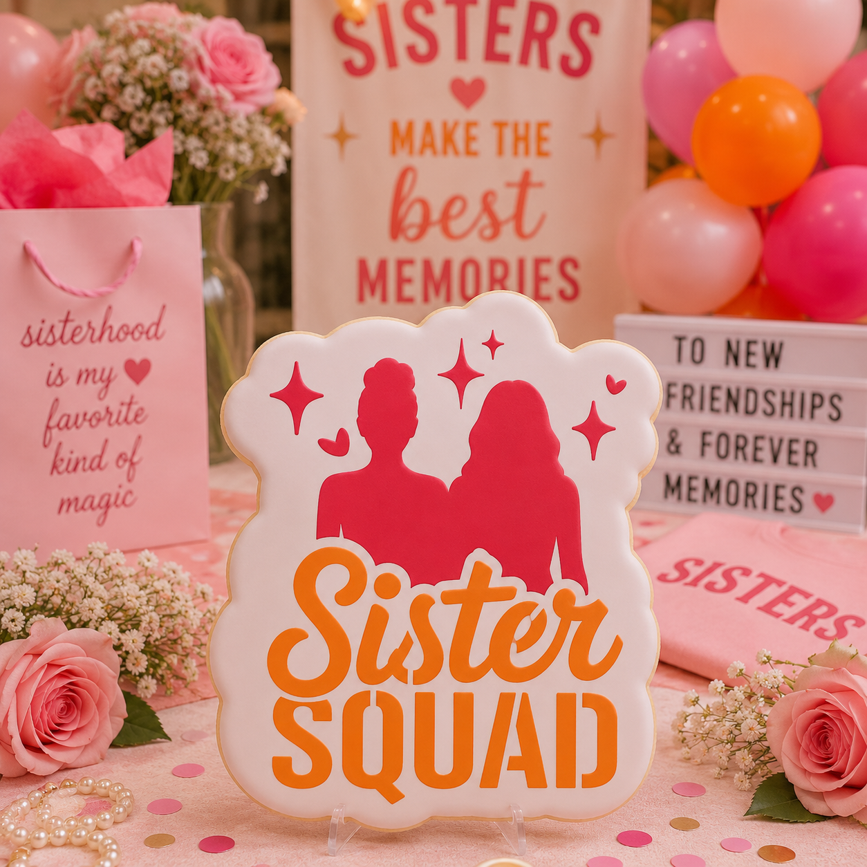 Decorated Sister Squad sugar cookie displayed at a sorority celebration with pink party décor, flowers, balloons, and sisterhood decorations.