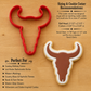 Dimensions and product details for the Bull Head Cookie Stencil and Cutter set.