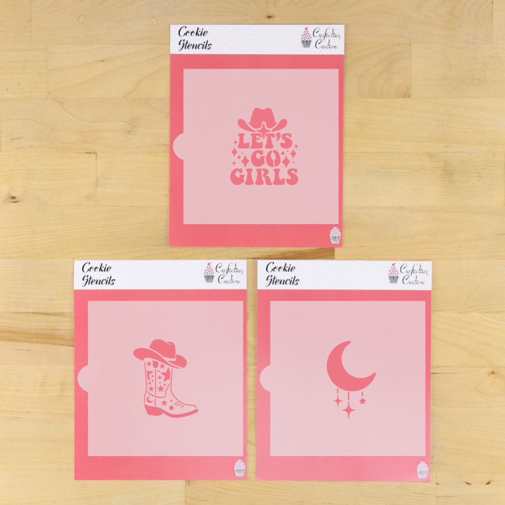 Let’s Go Girls Cowgirl Cookie Stencil Set with boot, western phrase and crescent moon designs