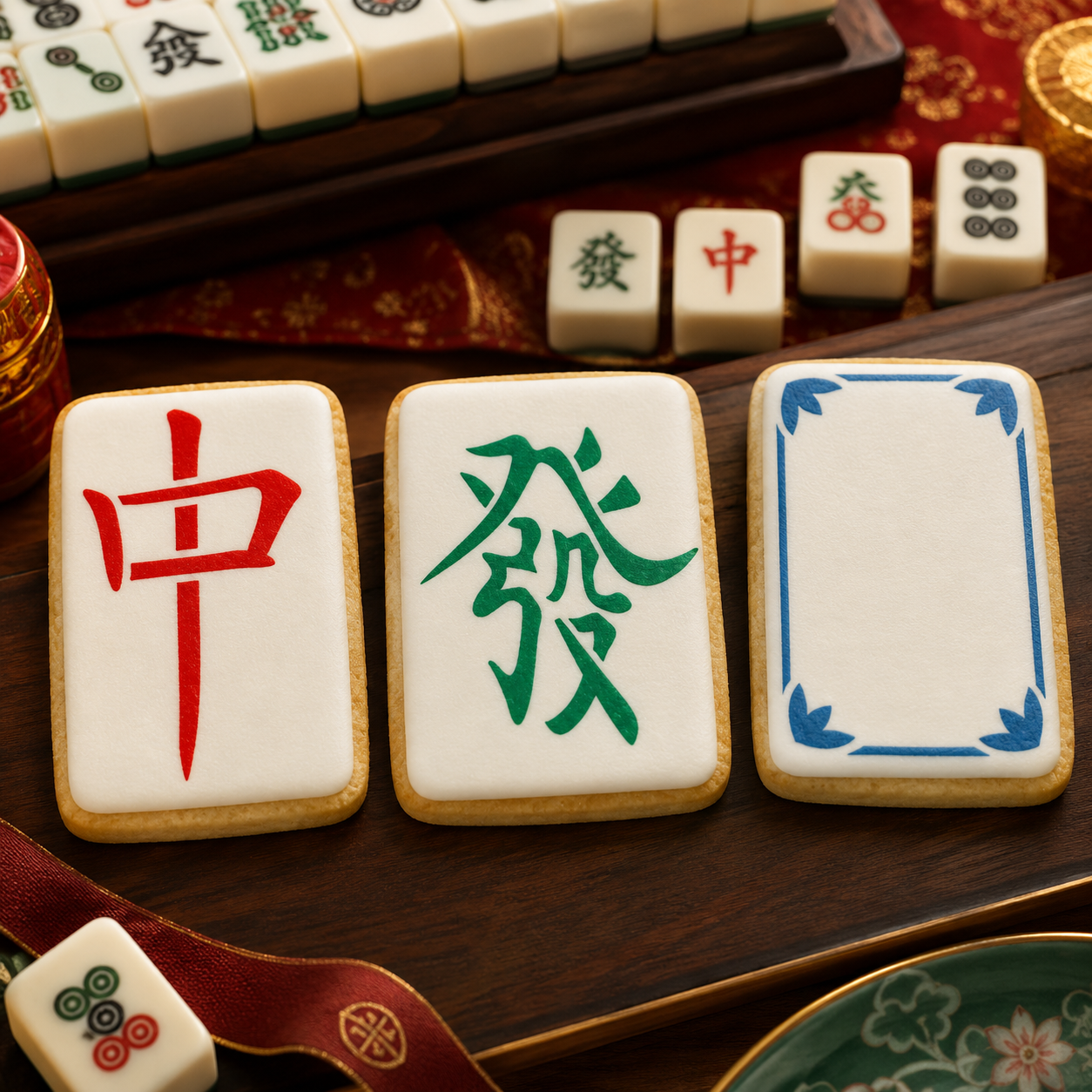 Three rectangular sugar cookies decorated like mahjong tiles are arranged on a dark wooden tray, with additional toy mahjong tiles and red decorative elements in the background.