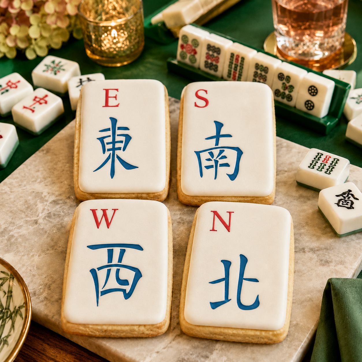 Four rectangular white cookies decorated like mahjong tiles with blue and red Chinese characters and letter markers, arranged on a stone board with real mahjong tiles and drink glasses in the background.