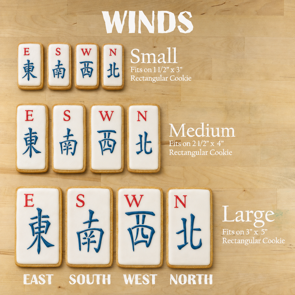 Decorated rectangular cookies shaped like traditional Japanese mahjong tiles, arranged by size on a light wood background with text labels reading Small, Medium, and Large under the heading WINDS.