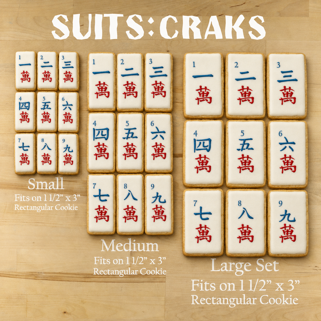 Mahjong Crak Tiles Cookie Stencil Set sizes and suggested cookie cutters