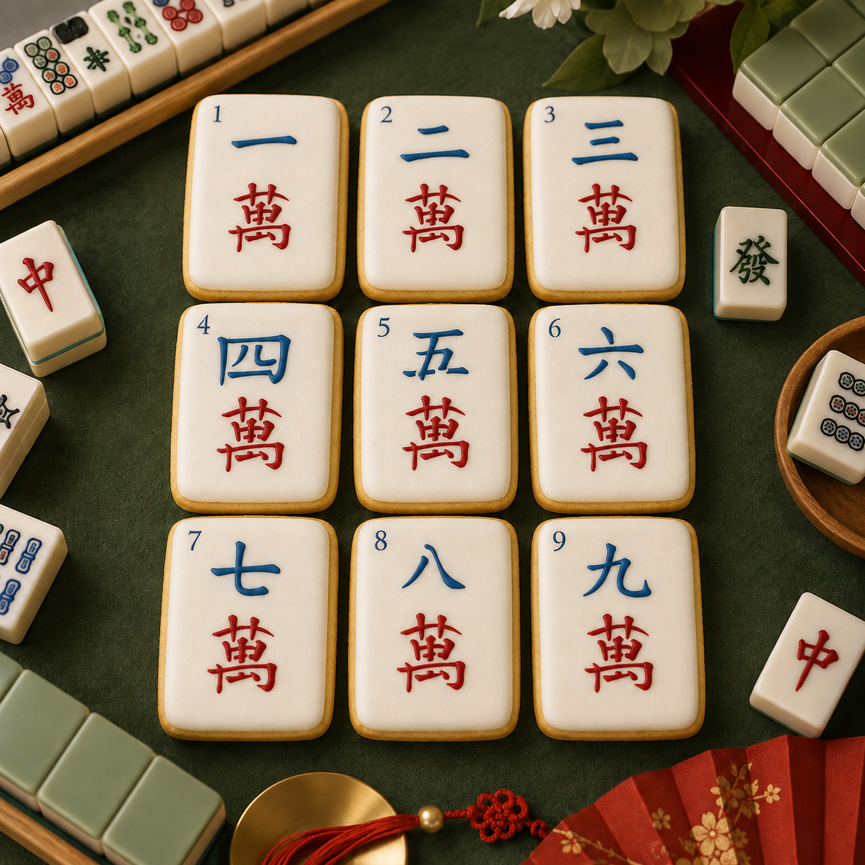 Mahjong Crak Tiles Cookie Stencil Set Applied to white, tile shaped cookies with a mahjong party backdrop