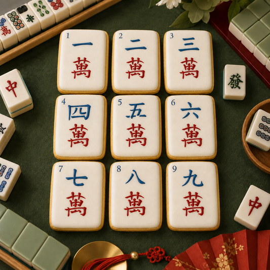 Mahjong Crak Tiles Cookie Stencil Set Applied to white, tile shaped cookies with a mahjong party backdrop