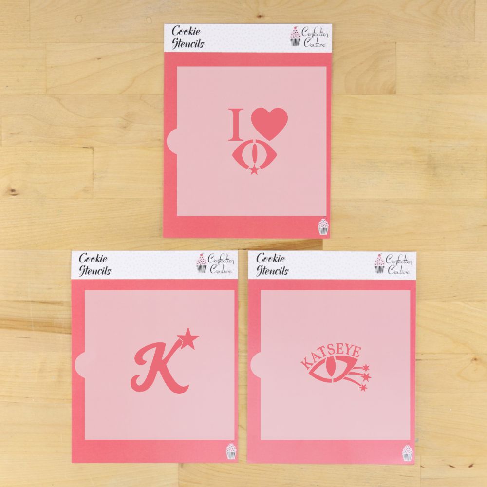 Eyekons Cookie Stencil Set featuring I Love Katseye, Katseye lettering and stylized K cookie designs 