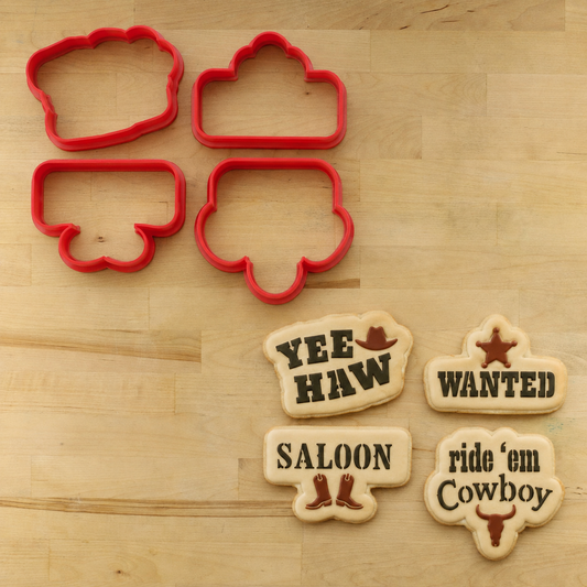 Cowboy Words Cookie Stencil and matching cookie cutters, featuring four western-themed sayings for decorating rodeo, cowboy birthday, ranch, and country party cookies.