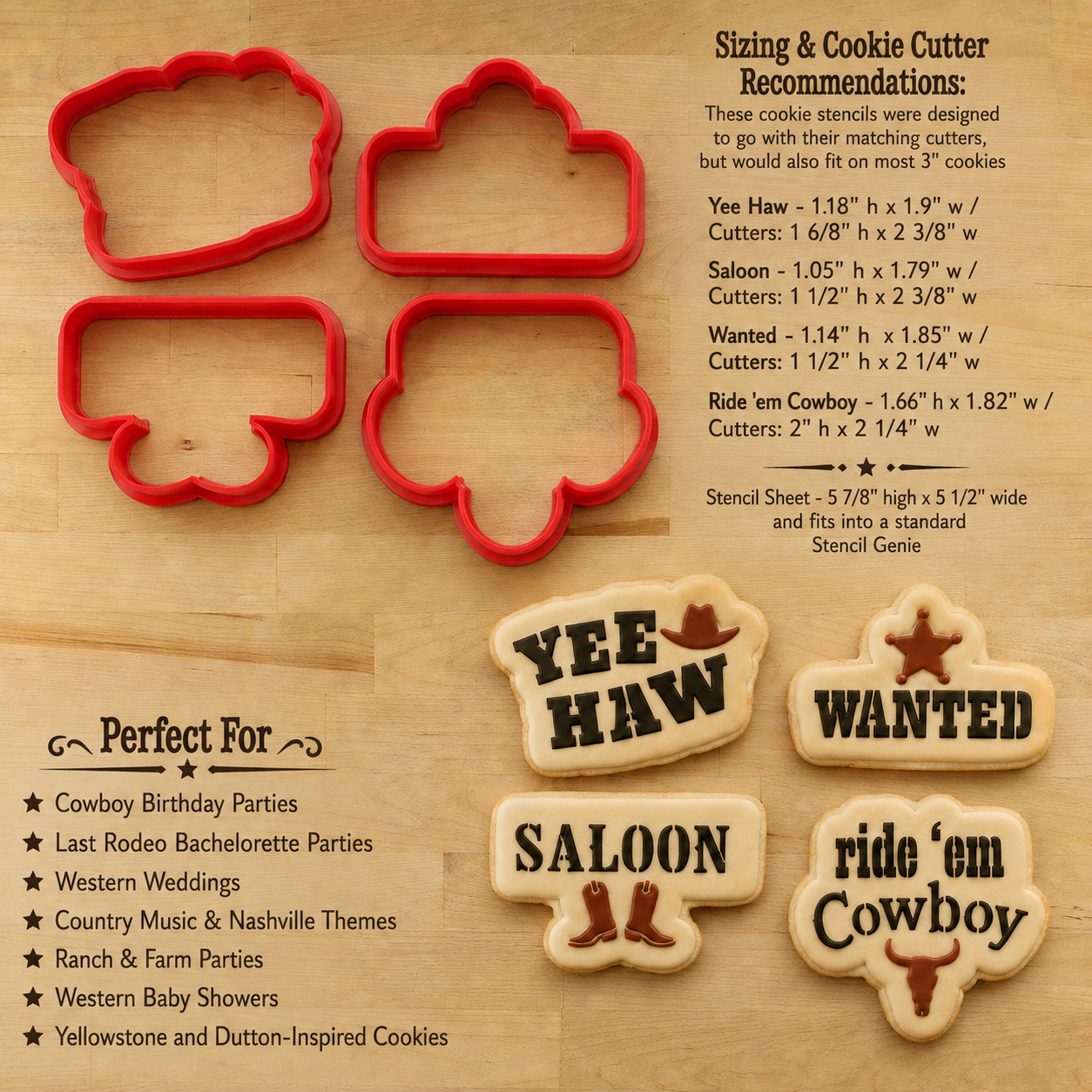 Four red cookie cutters arranged on a light wood background, with text showing sizing recommendations and example cookie shapes including 'Yee Haw', 'Saloon', 'WANTED', and 'ride 'em Cowboy'.