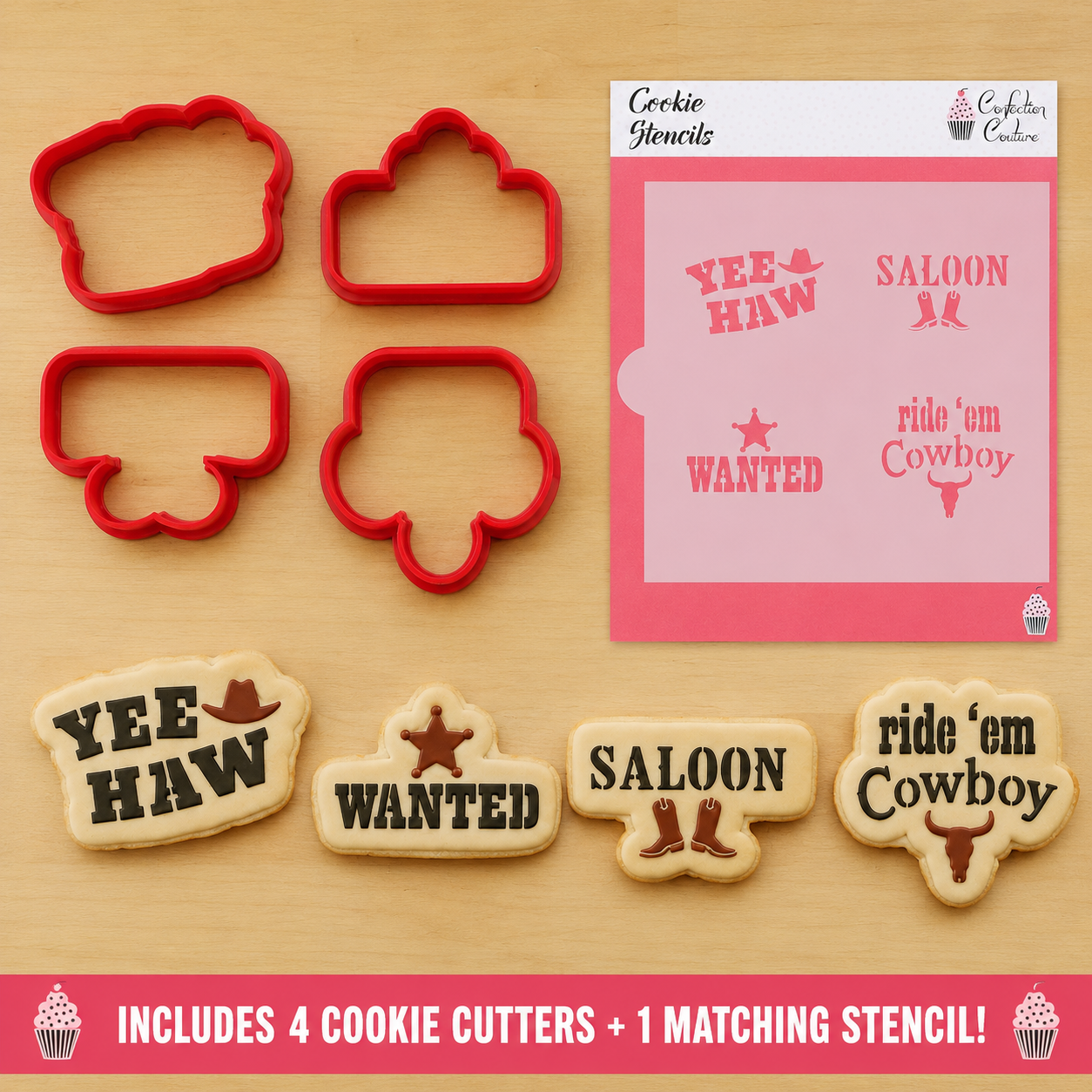 Package contents for the 1-sheet stencil and four cutter kit option for the Cowboy Message Cookie Stencil