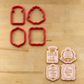 Princess cookie cutters next to four iced cookies that have been stenciled with the princess cookie stencils.