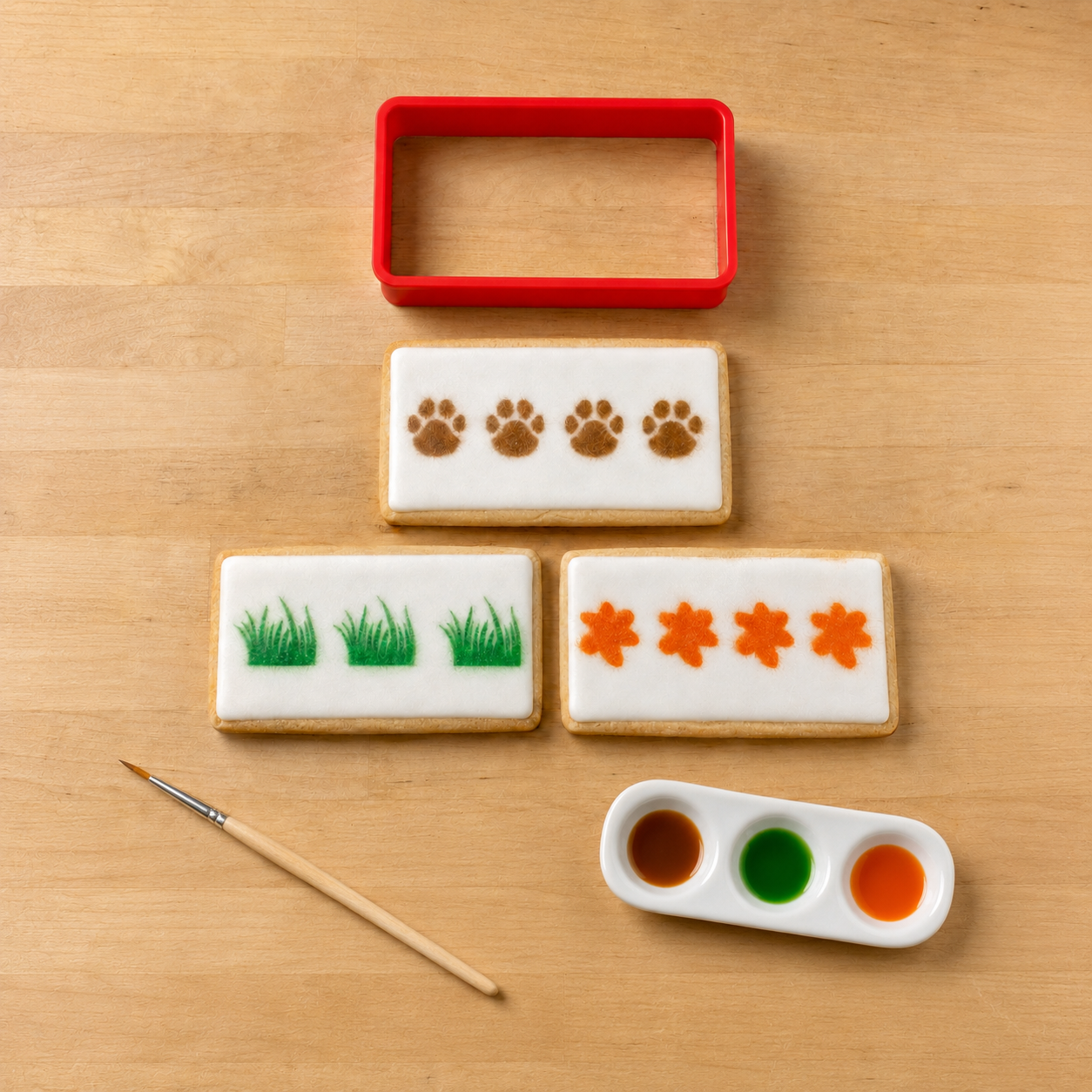 A flat-lay of a sugar cookie decorating kit on a light wood background, featuring a red rectangular cookie cutter, three decorated cookies with paw prints, grass, and flowers, a paintbrush, and a paint palette.