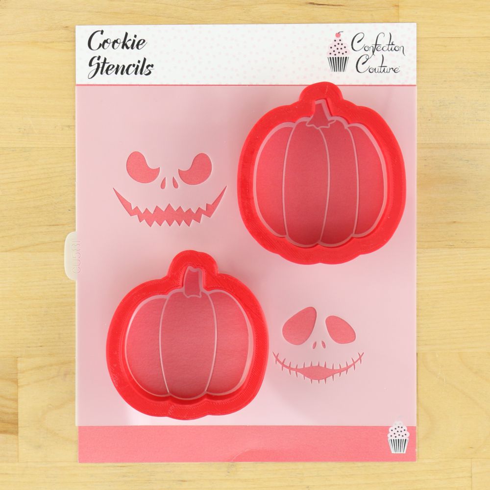 Jack-o-lantern cookie stencil with pumpkin cookie cutters