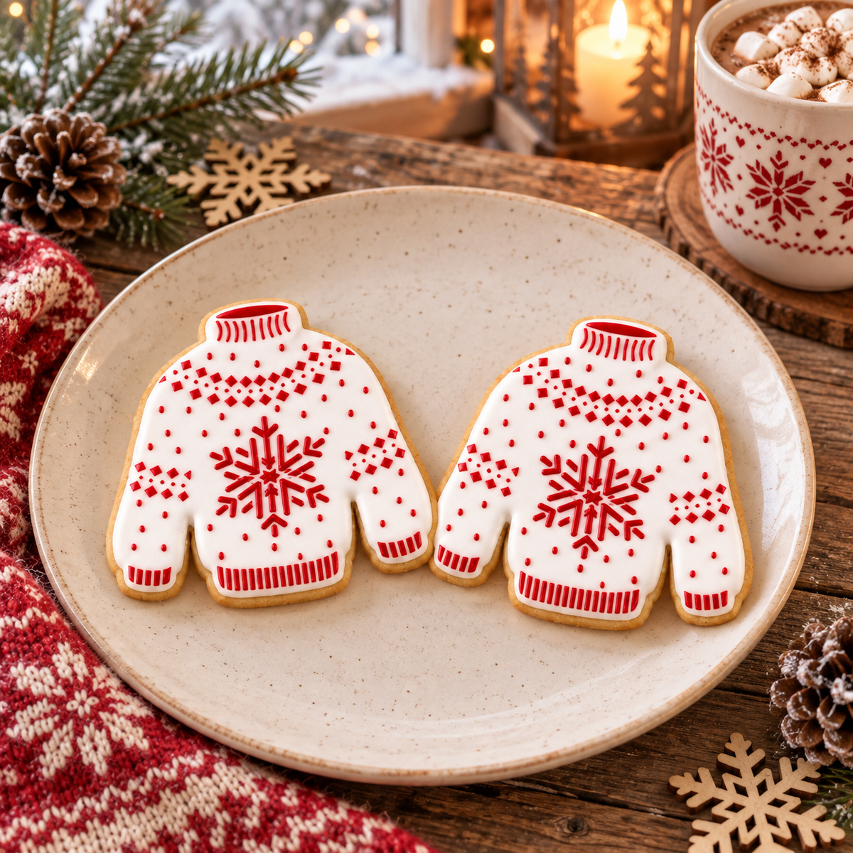 Two sweater-shaped cookies flooded with white icing and stenciled with red royal icing using the Christmas Sweater cookie stencil design.