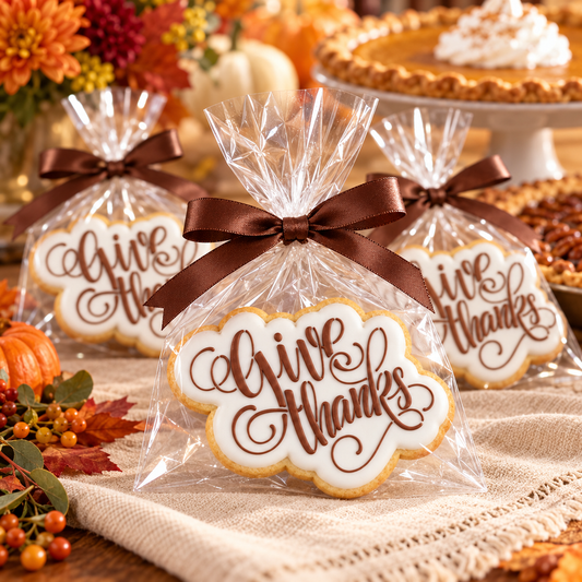 Three clear cellophane gift bags with brown ribbons hold round white iced cookies printed with the words 'Give Thanks' in brown script. The bags are arranged on a beige cloth with autumn decorations, pumpkins, fall leaves, and a pie in the background.