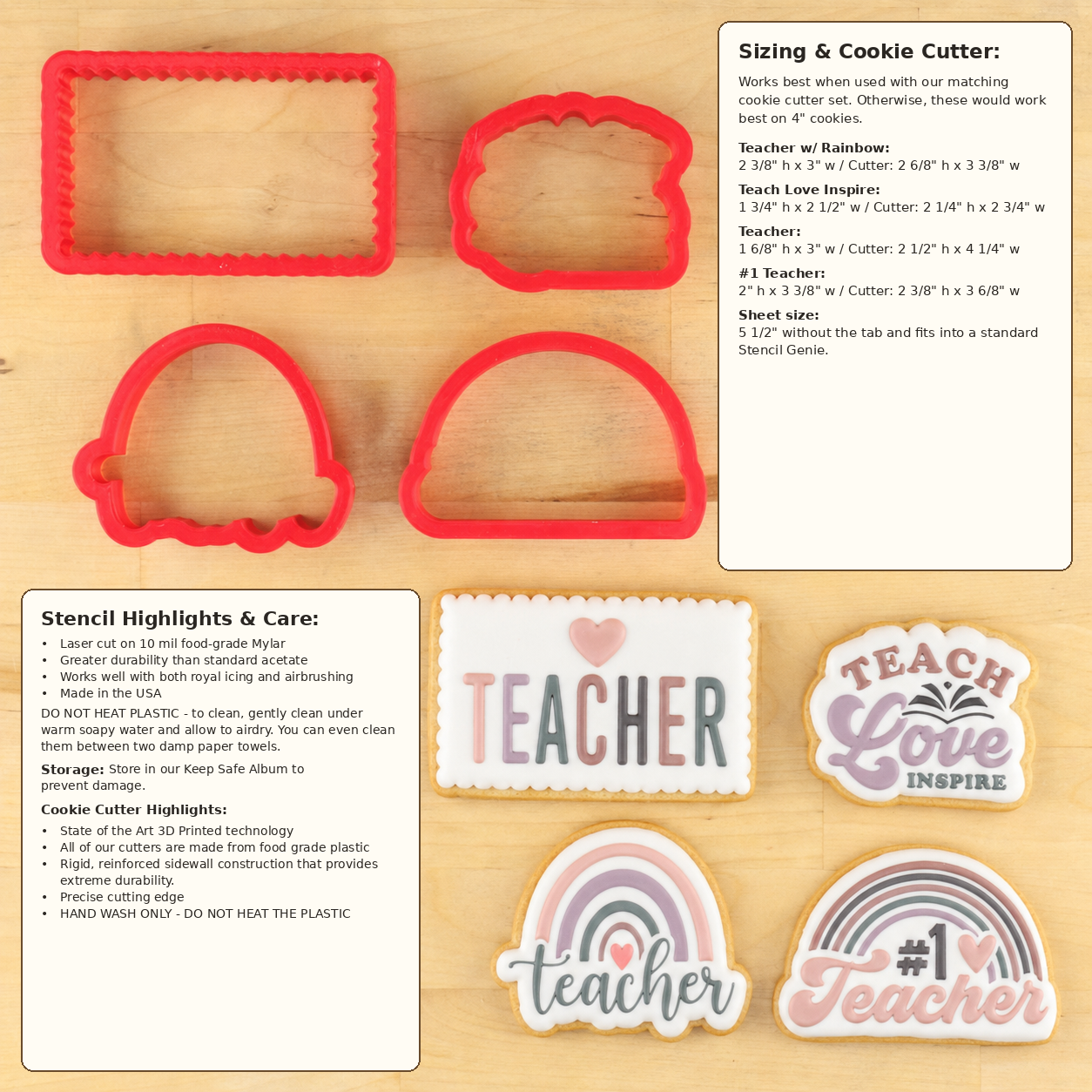Red plastic cookie cutter set with four iced and decorated cookies shown on a light wood background, alongside printed usage and sizing information.