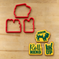 Roll Herd Cookie Cutters lying next to three flooded cookies stenciled with the Roll Herd Cookie Stencil Set.