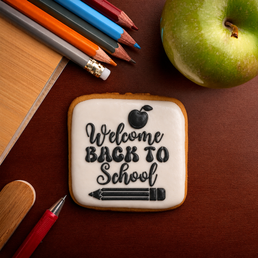 A square white-frosted cookie with the Welcome Back to School Cookie Stencil applied to it, styled on a dark brown tabletop with pencils, a green apple, and a red pen nearby.
