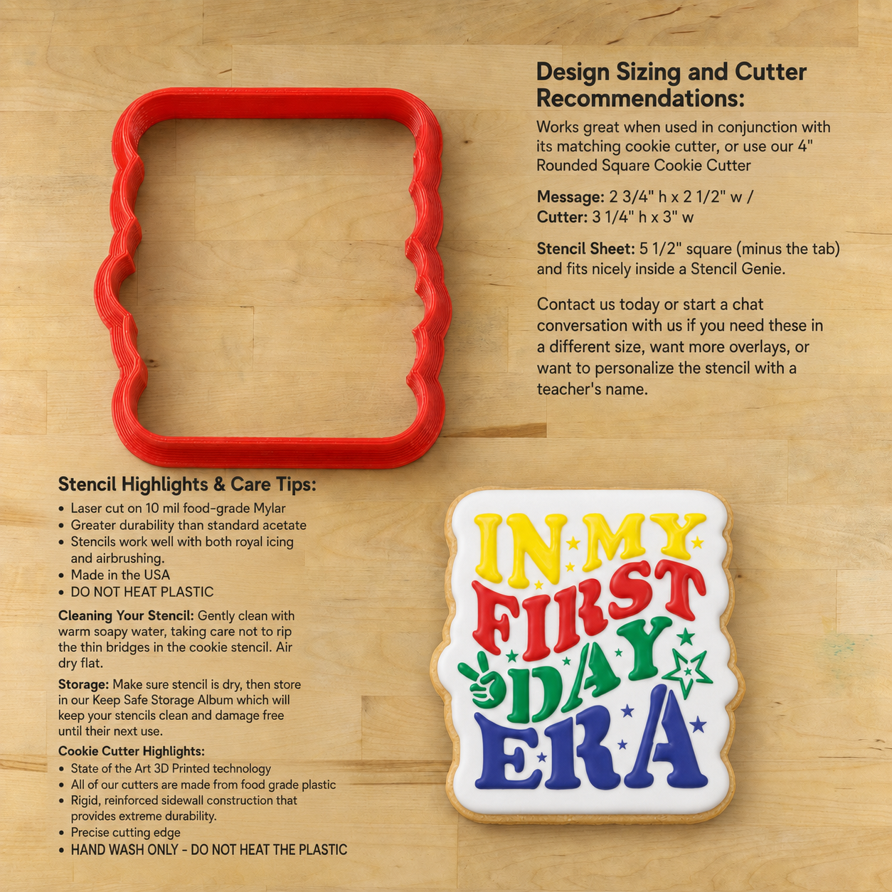 Instruction sheet for making a first day cookie cutter, featuring a red plastic cookie cutter outline, text with design sizing and cutter measurements, care tips, and a colorful 'In My First Birthday' stencil design on a tan paper background.