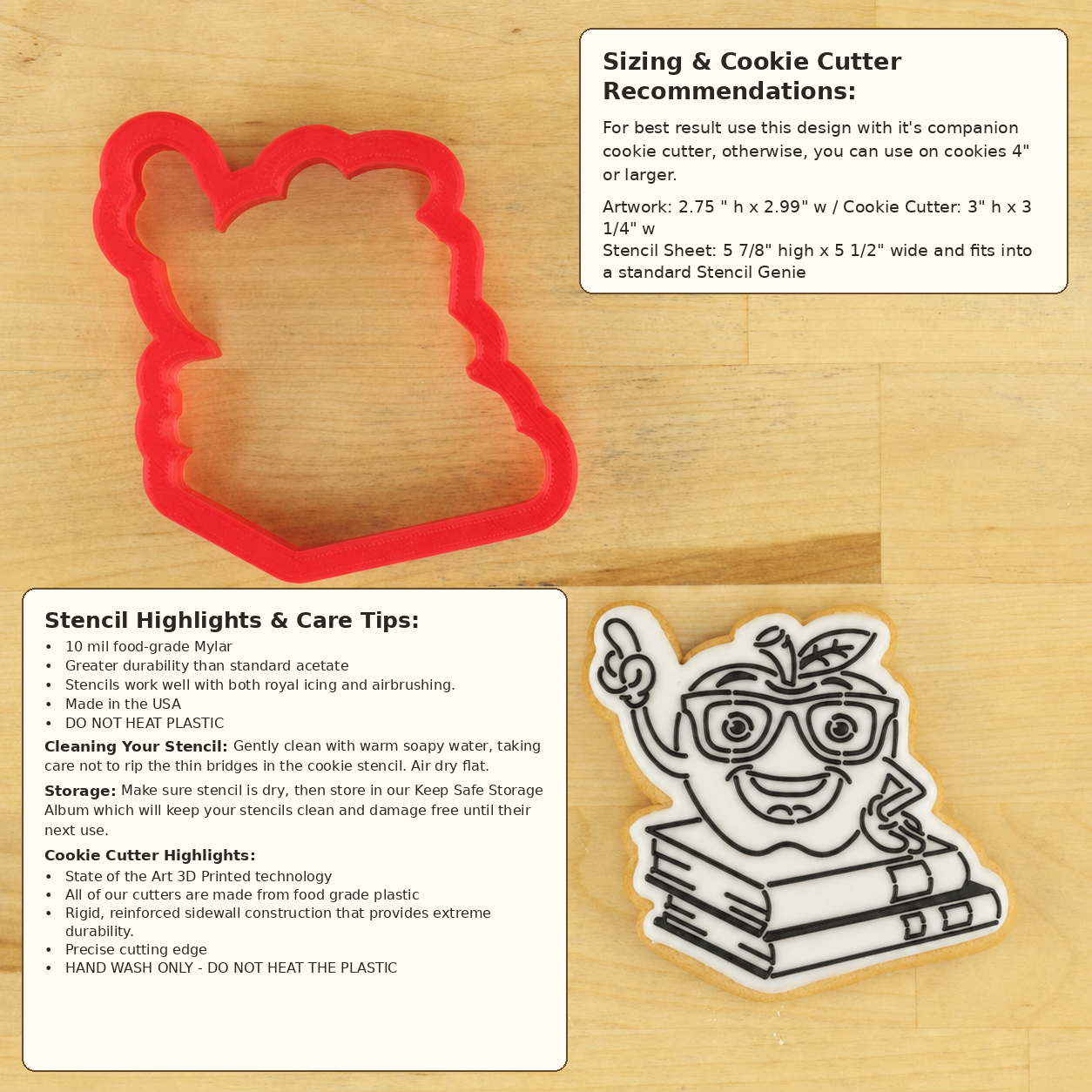 Dimensions, stencil and cookie cutter tips and highlights for the One Smart Apple Paint Your Own Cookie Stencil.