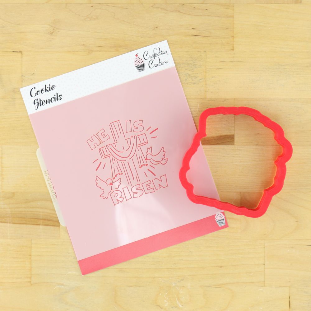He Is Risen PYO cookie stencil and matching cookie cutter for Easter baking and crafts.