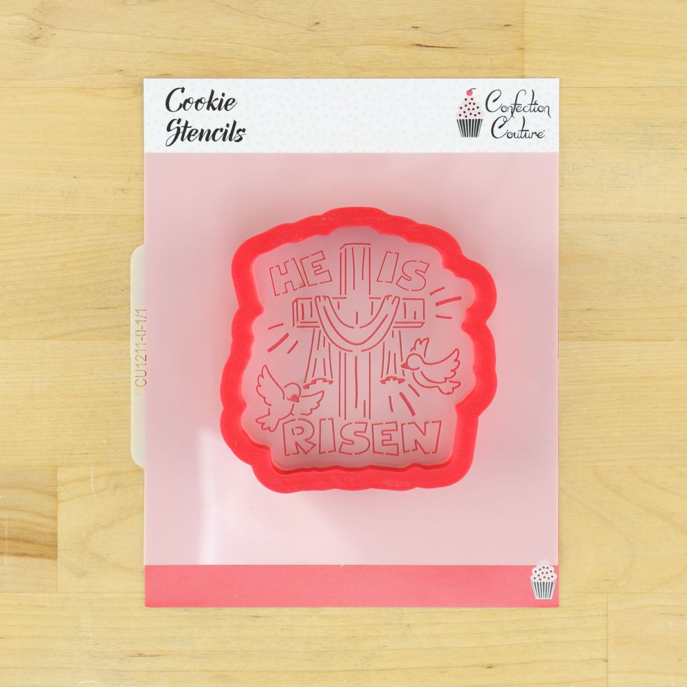 He Is Risen cookie stencil for Easter, perfect for PYO cookies in classrooms and baskets.