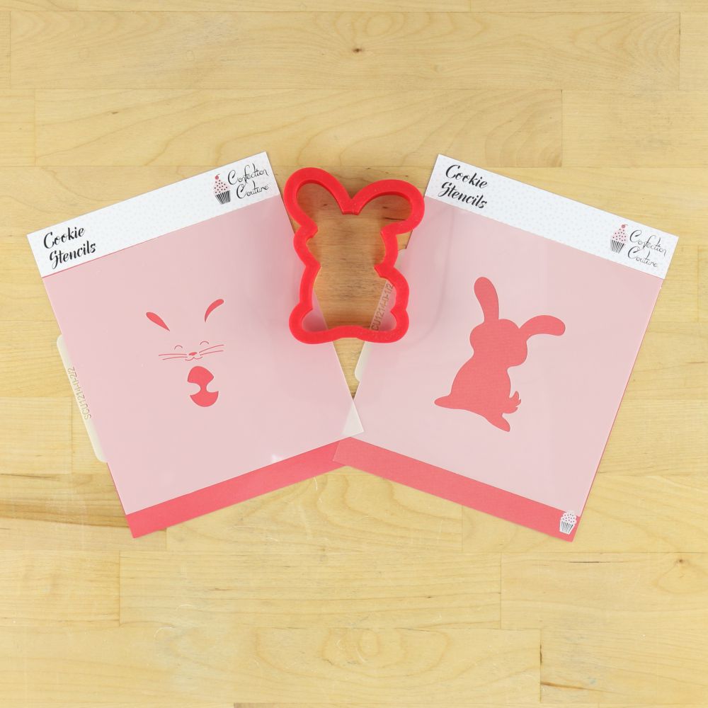 Easter Bunny cookie stencil and matching cutter for festive baking fun, perfect for creating whimsical holiday treats.