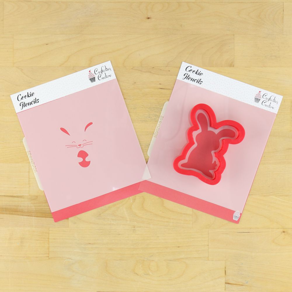 Easter Bunny cookie stencil and cutter packaging, perfect for festive cookie decorating and baking.