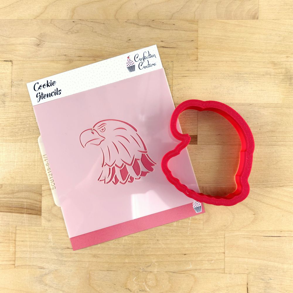 Eagle head cookie stencil and cutter on a wooden surface, perfect for Philadelphia Eagles fan cookies.