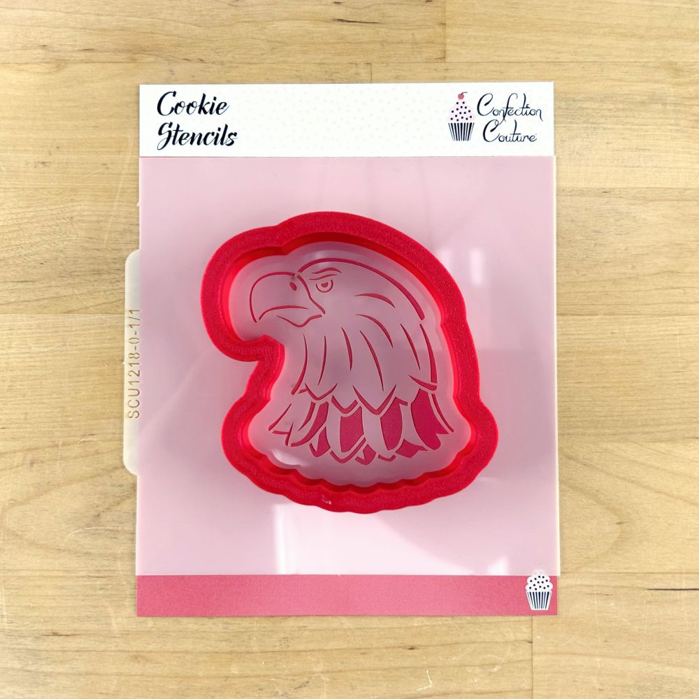 Eagle Head Mascot Cookie Stencil in red, perfect for creating themed cookies for sports events.