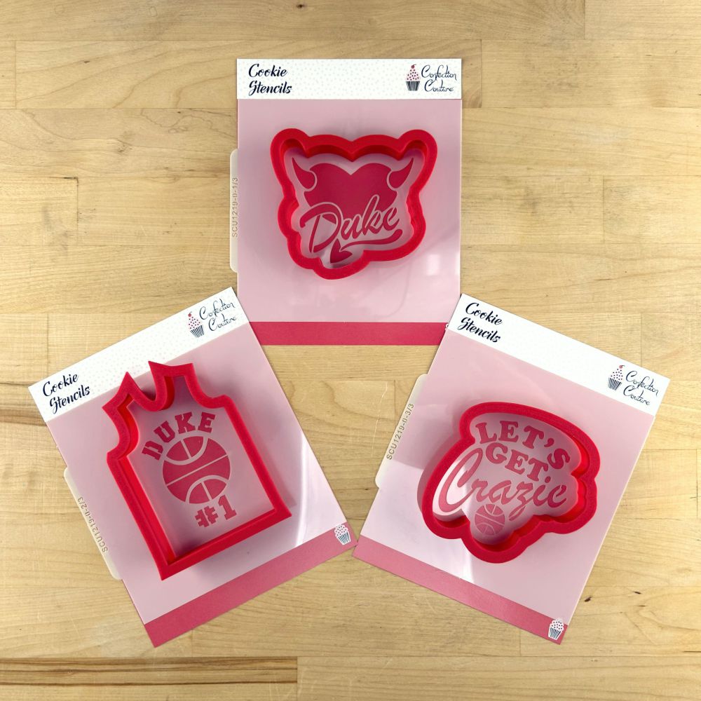Let's Get Crazie cookie stencil set featuring Duke-themed designs for creative cookie decorating.