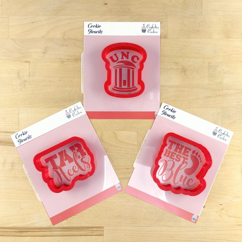 Three red cookie stencils featuring 'Tar Heels', 'The Best Blue', and UNC design for fun baking.