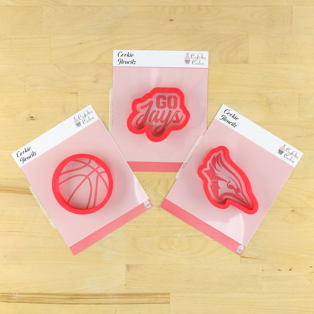 Go Jays cookie stencil set featuring basketball and team logo designs, perfect for decorating game-day treats.