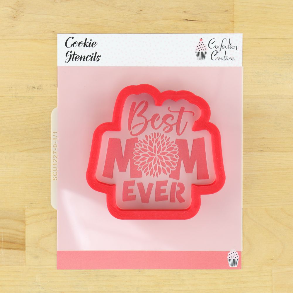 Best Mom Ever cookie stencil in red, perfect for Mother's Day baking and decorating.