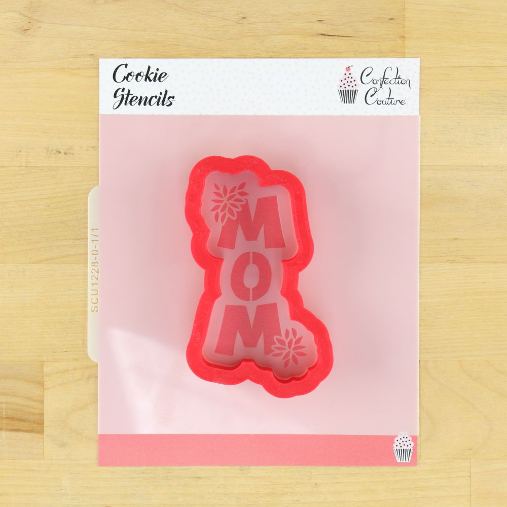 Chrysanthemum MOM cookie stencil for Mother's Day baking, perfect for decorating cookies with floral designs.