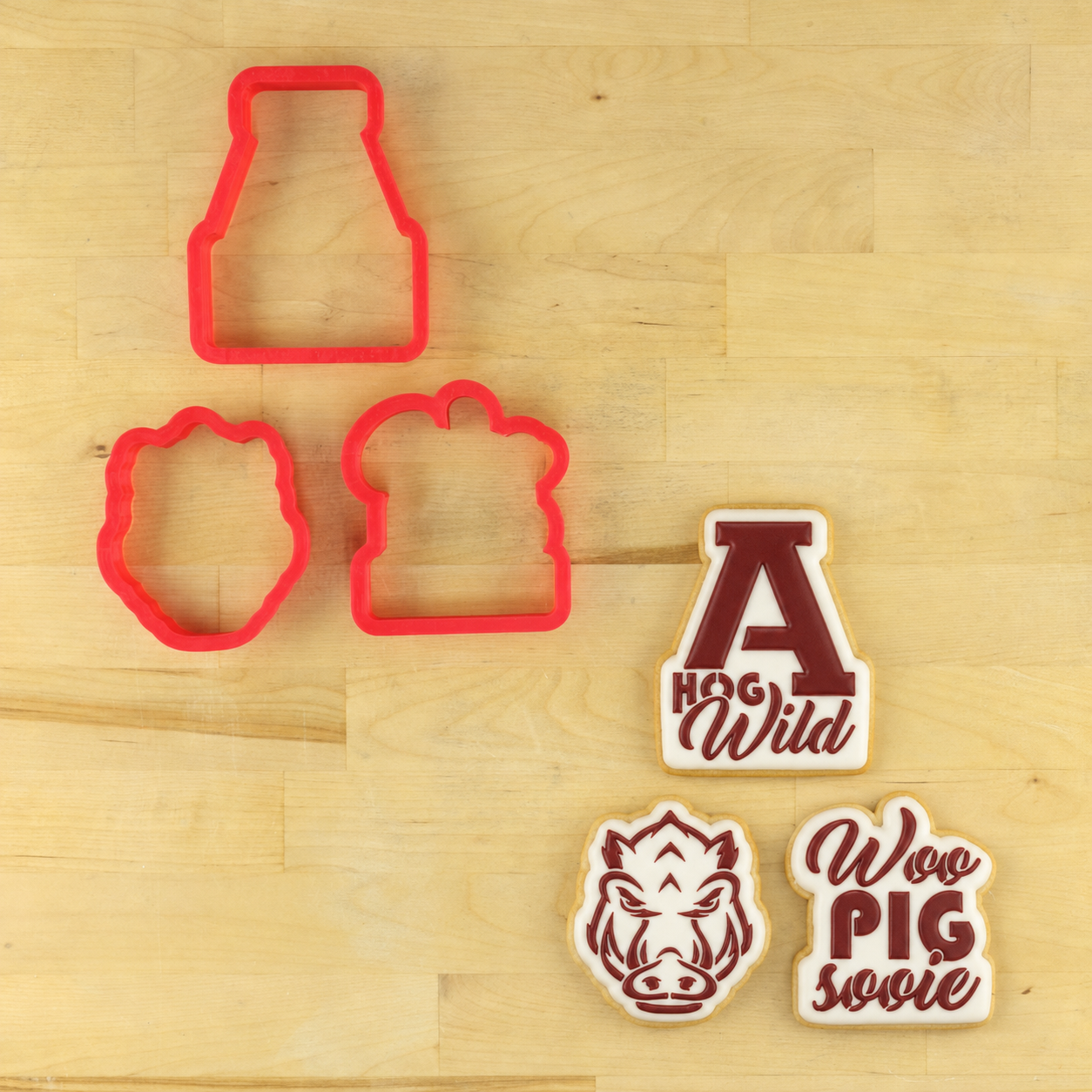 Hog Wild cookie stencil set with red cookie cutters and fun pig-themed decorations for game-day treats.