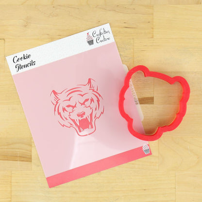 Bear Mascot Cookie Stencil with red cutter, perfect for baking party treats for Bears fans.