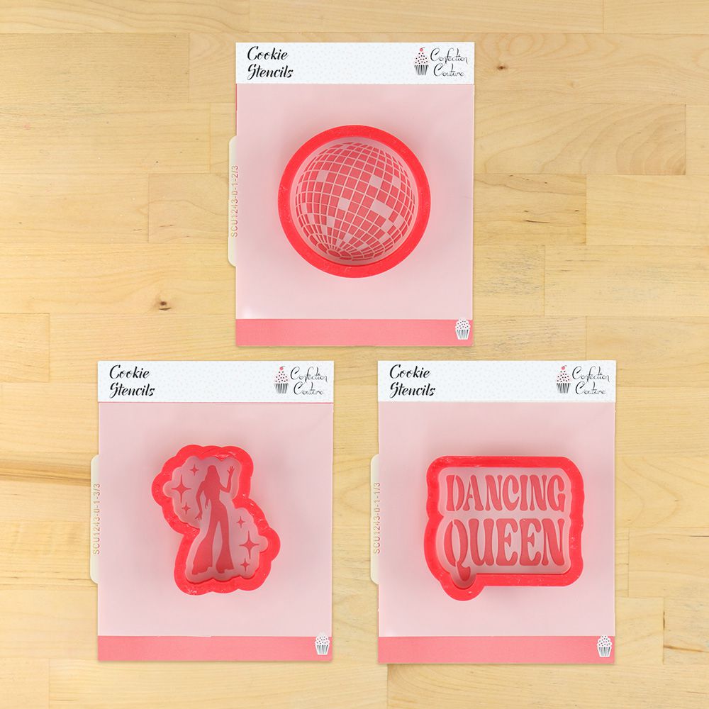 Dancing Queen Cookie Stencil Set with disco-themed designs and matching cookie cutters for festive baking.