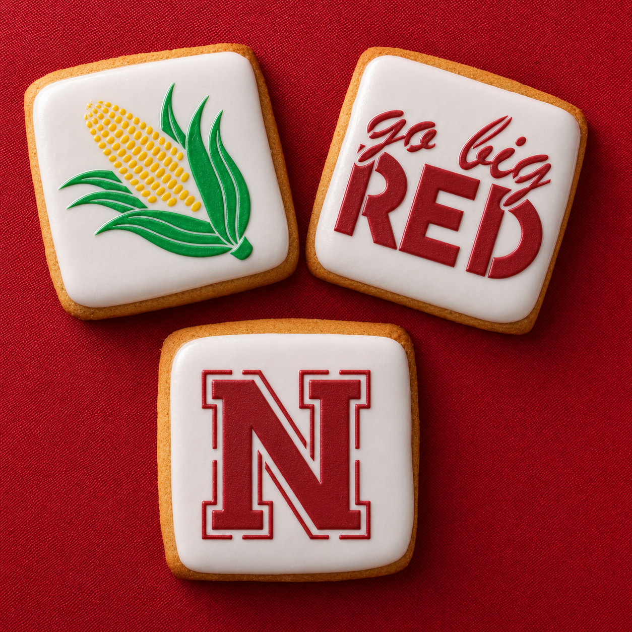 Nebraska Cornhusker cookies decorated with the "Big Red" Cookie Stencil Set