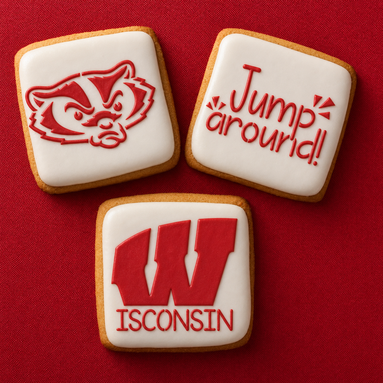 Three cookies with red and white icing on a red background, featuring a logo and text.