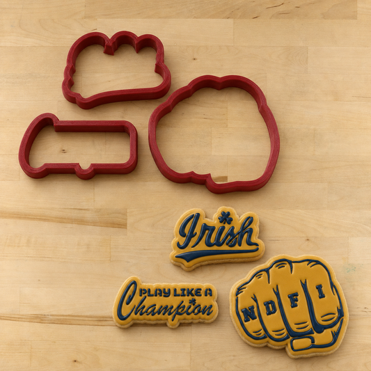 Notre Dame Fighting Irish Cookie Cutters and cookies made with the matching cookie stencils.