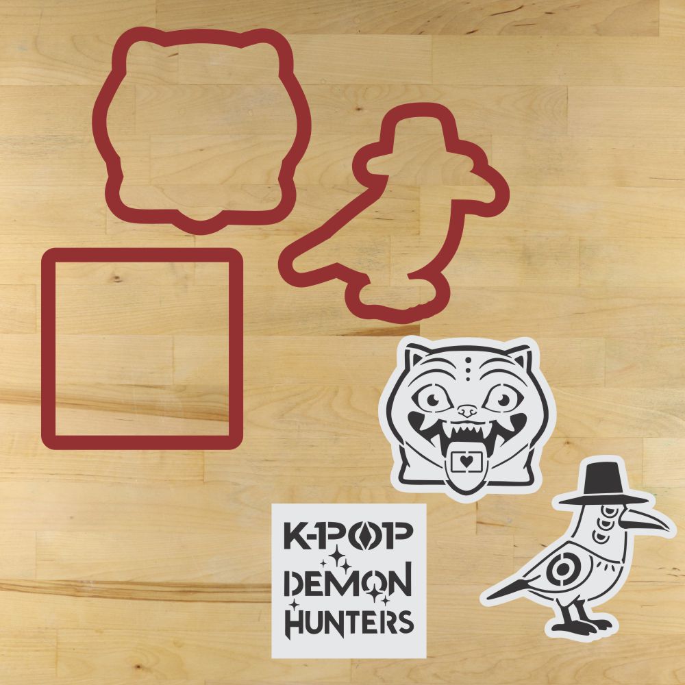 mockup of the K-Pop Character stencil set and the matching cookie cutters