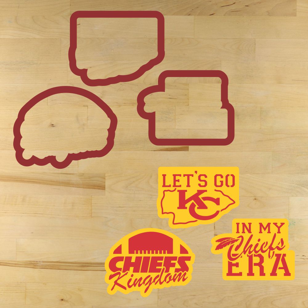 mockup of the Chiefs Kingdom Cookie Stencil Set with the matching cookie cutters