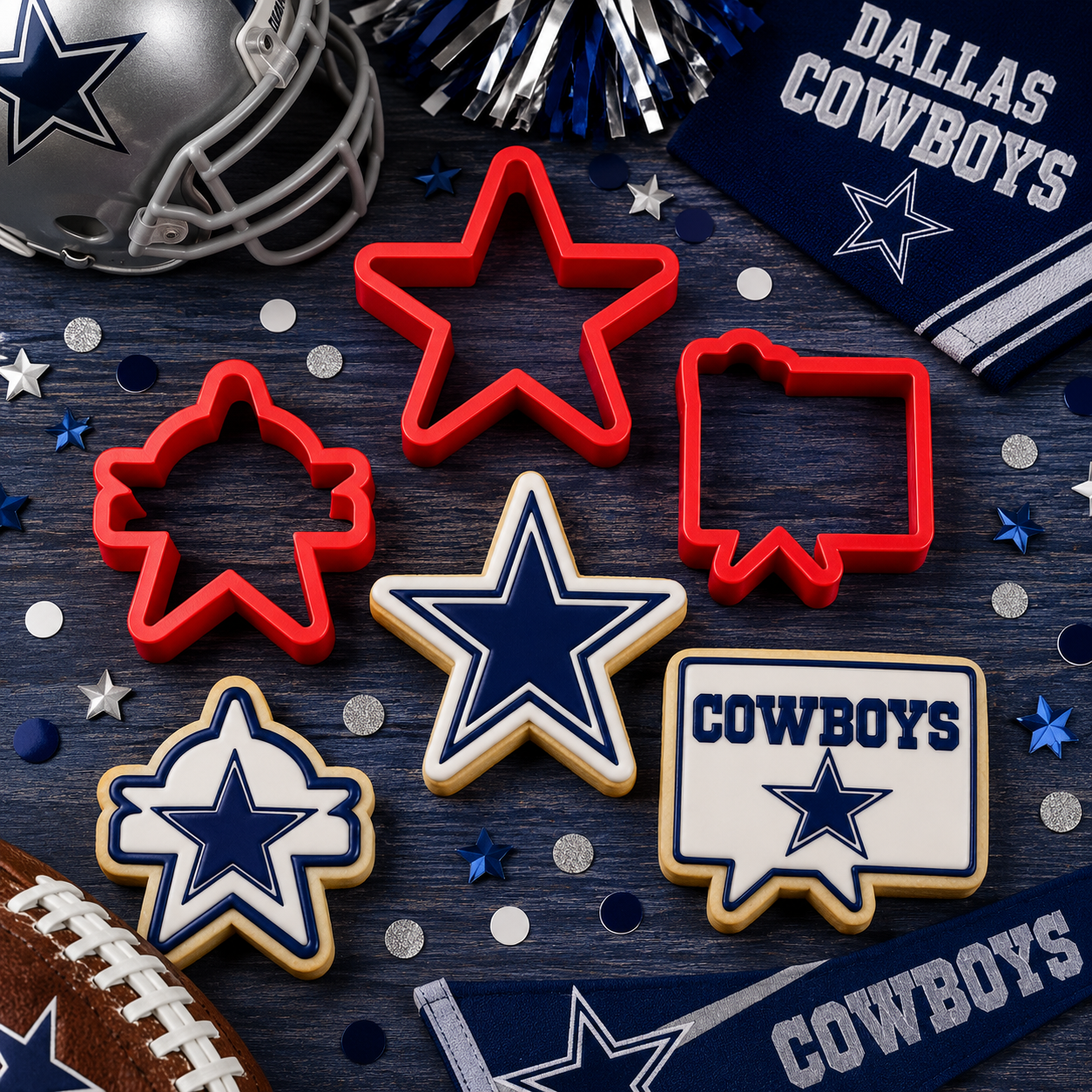 Dallas Cowboys-themed cookies and cookie cutters on a dark surface with team merchandise.