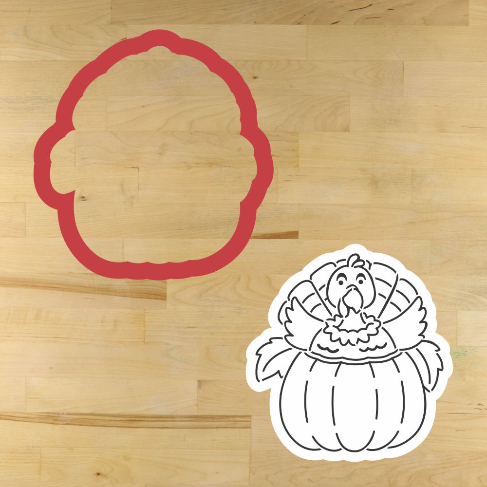 Mockup of the Turkey in Pumpkin PYO Cookie Stencil and cookie cutter.