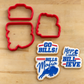 Four red cookie cutters arranged on a light wood surface beside four decorated cookies with Buffalo Bills-themed designs, including 'GO BILLS!', 'BILLS Mafia', and 'Keep Calm BILL IEEVE'.