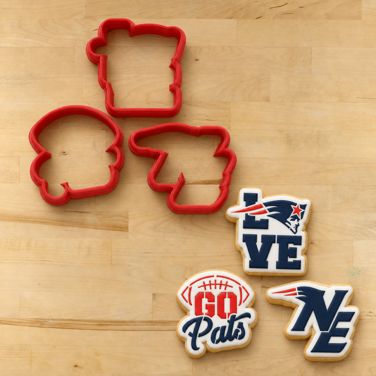 New England Football Cookie Stencils and their matching cookie cutters.